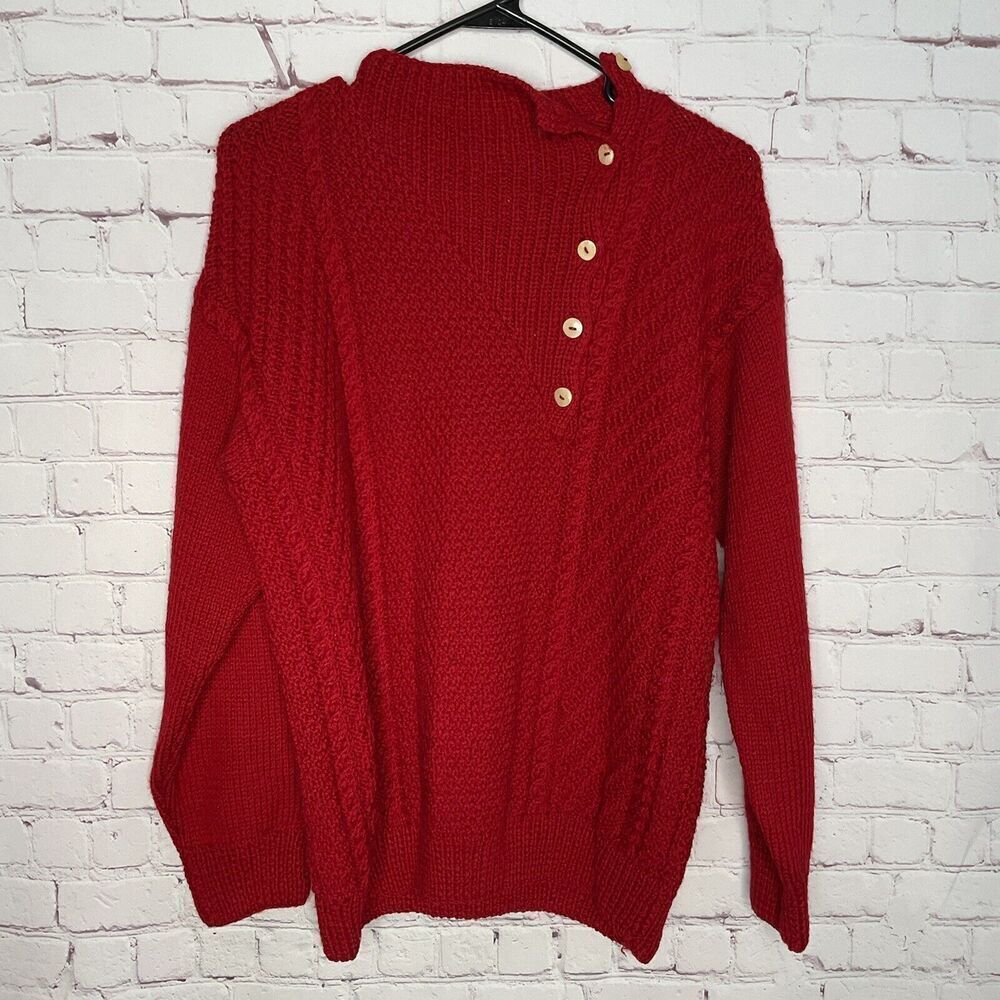 Vtg South Wool SweaterâLarge Womenâs Red Button Accent HandKnitâ Cable Pullover